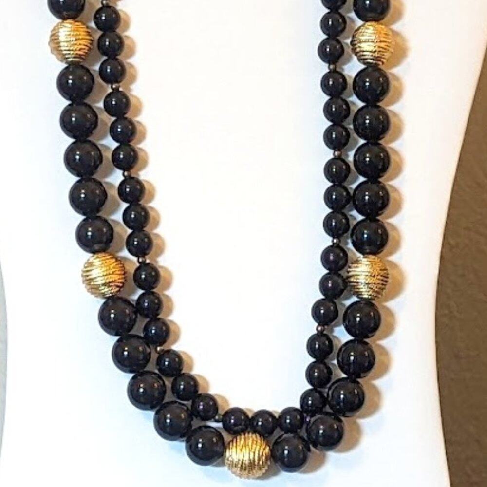 Lot of Two Vintage Black Acrylic Bead Necklaces